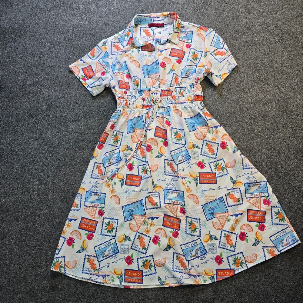 Love Scarlett Dress Womens Size Large White Blue Postcard Travel Vacation Midi
